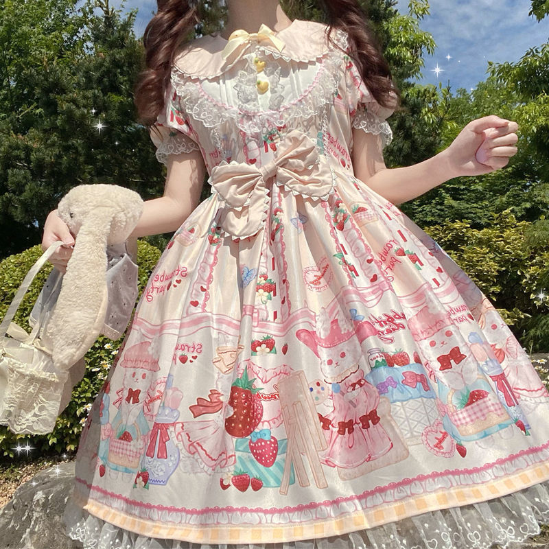Japanese Strawberry Summer Sweet Lolita Dress Women Kawaii Victorian Tea Party Short Sleeves Lace Gothic Girls Lolita Dresses