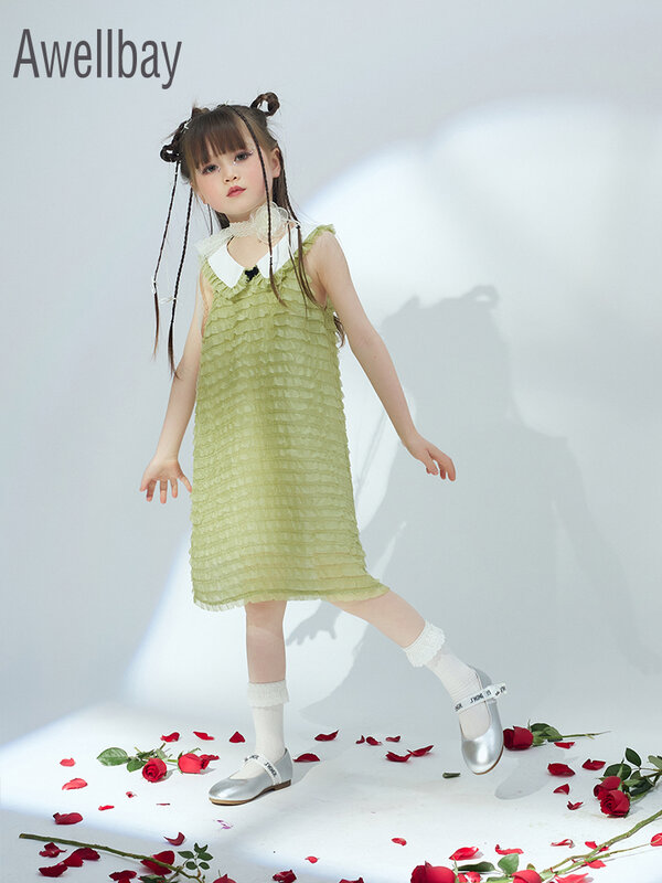 Oryginalny Design dziewczyna lalka szyi siatki bez rękawów koreański księżniczka sukienka party Dress dla dzieci dziewczyna