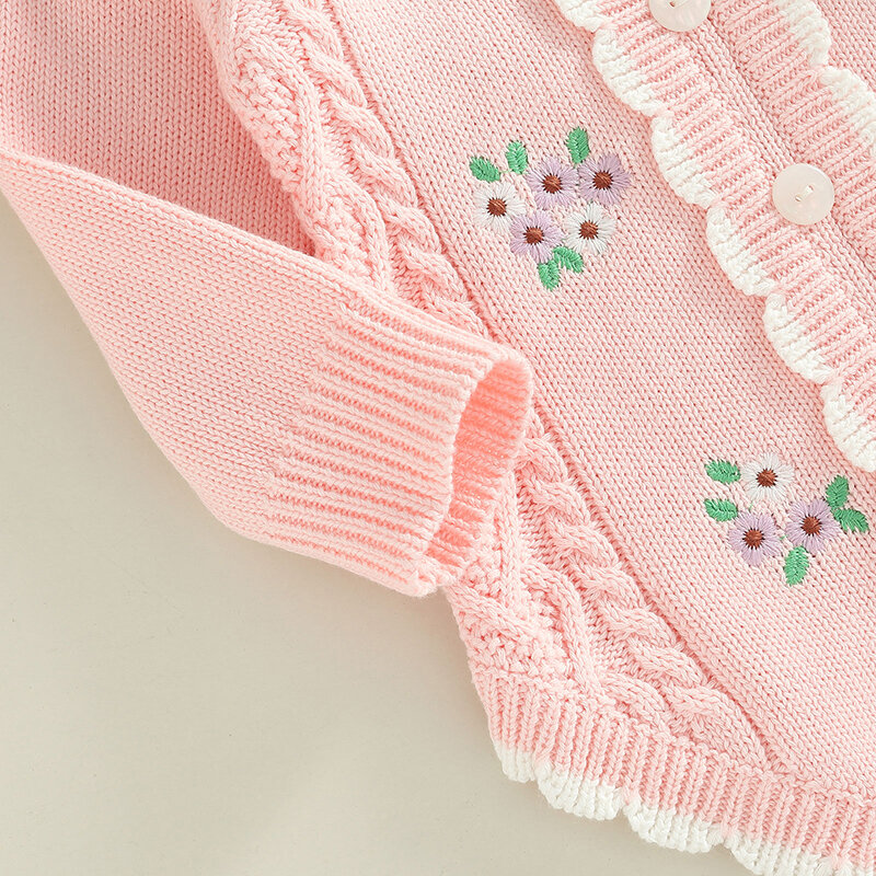 Newborn Baby Knitted Flower Embroidery Romper Toddler Infants Round Neck Long Sleeve Warm Bodysuit with Buttons for Girls