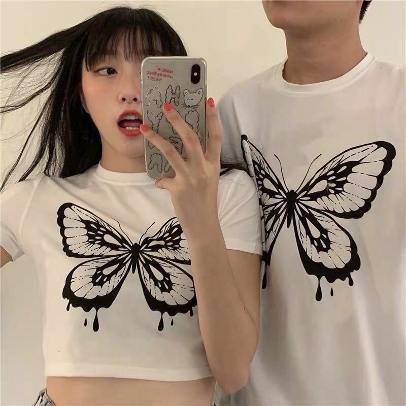 T-shirt Baju Jalanan Gotik Lengan Pendek Motif Kupu-kupu Y2k Atasan Uniseks Pasangan Atasan Crop Retro Amerika Musim Panas Kaus Harajuku