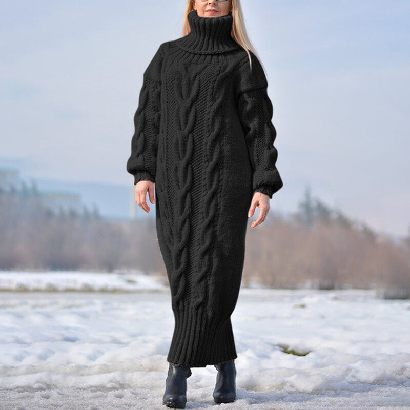 Sweater Wanita Lengan Panjang Tinggi Leher Rajutan Pullover Gaun Lembut Hangat Warna Solid Kebesaran Bodycon Jumper Wanita