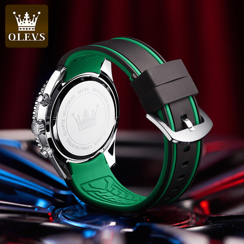 Модные кварцевые часы OLEVS для мужчин, многофункциональные, с тремя глазами, с шестью стрелками, с силиконовым ремешком, водонепроницаемые му...