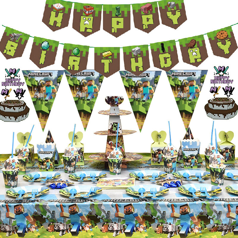 Miner crafts Pixel gioco forniture per feste festa di compleanno per bambini Set di stoviglie usa e getta piatti di carta tazze decorazioni per Baby Shower