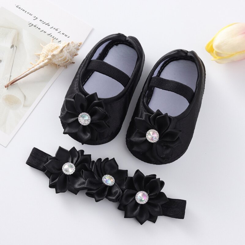Weixinbuy-zapatos de encaje para bebé y niña, zapatos de flores para bebé recién nacido + conjunto de diadema, preandador suave para niño de 0 a 12 meses