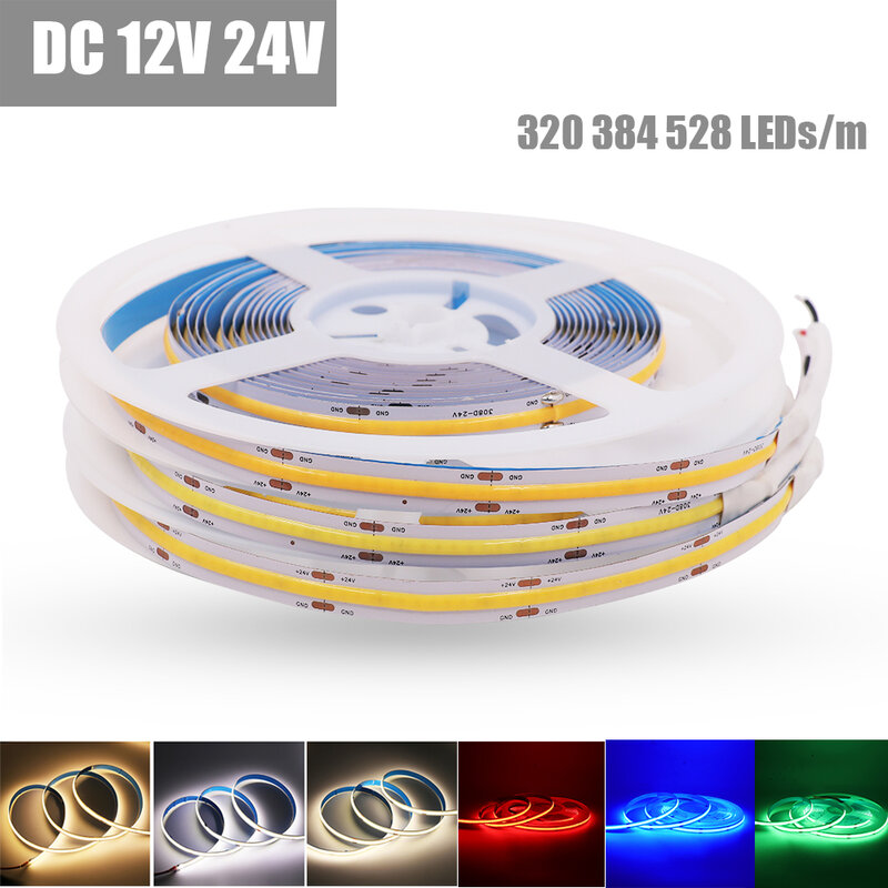 Bande lumineuse LED COB Flexible, 12V 24V, 320 384 528 diodes/m, haute densité, blanc chaud/froid, bleu/rouge/vert, pour décoration de chambre