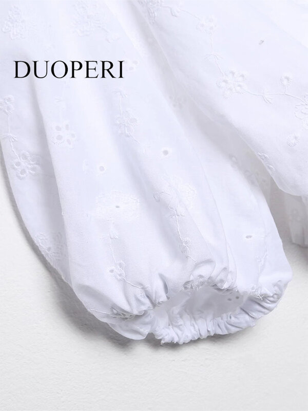 Duopery – chemisier brodé pour femmes, mode, couleur unie, ajouré, Vintage, col en v, manches mi-bouffantes, chemise Chic pour dames