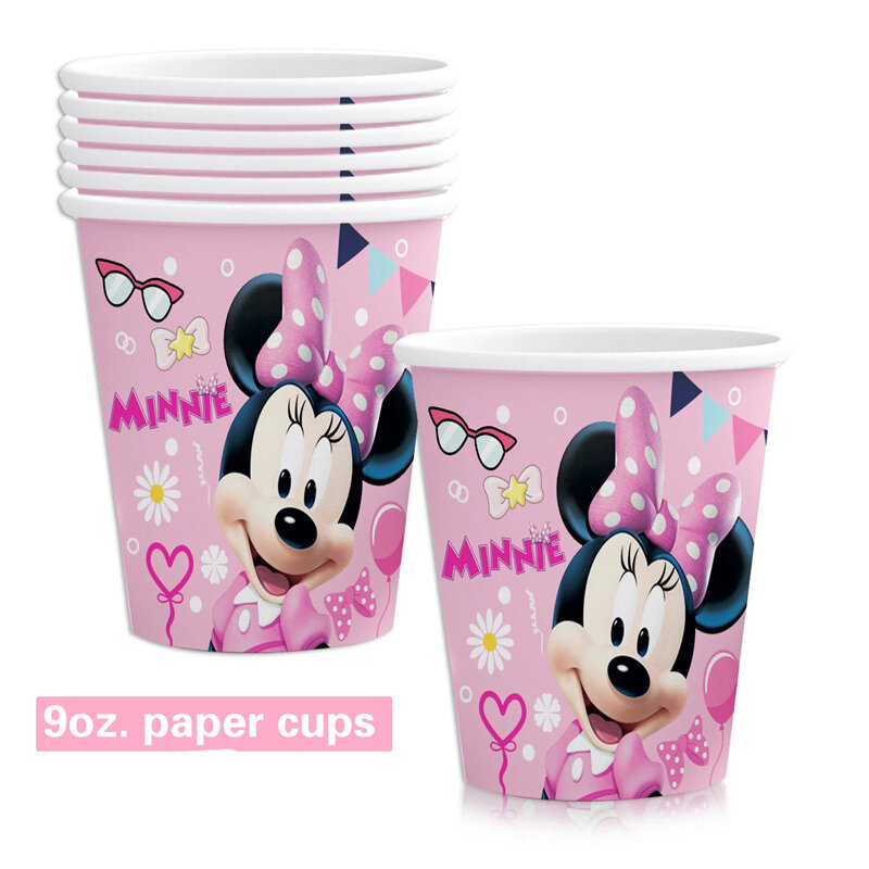 Décoration de fête d'anniversaire Minnie Mouse pour enfants, comprend une tasse en papier, une assiette, une serviette, une décoration de gâteau, un ballon, des fournitures de bain pour bébé fille