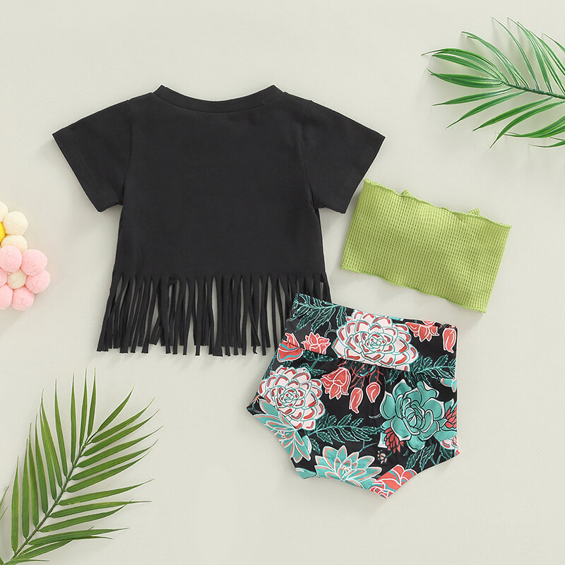 Setelan Celana Pendek Bayi Perempuan Baru Lahir Kaus Berumbai Gambar Cetak Huruf dengan Celana Pendek Bunga dan Baju Bandana Ikatan Simpul Pakaian Musim Panas