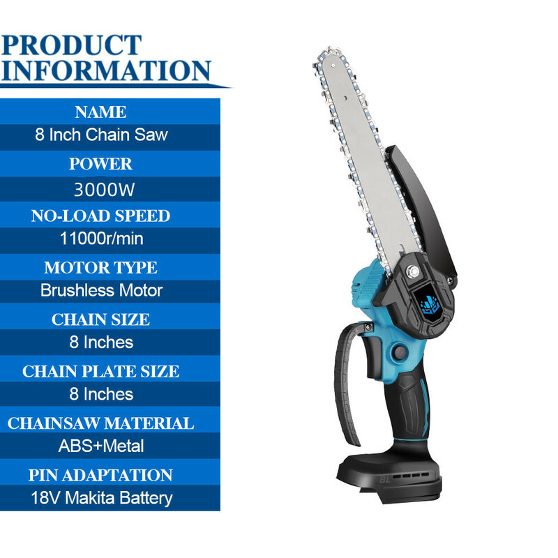 ONEVAN 8 Inch 3000W Brushless Mini Electric Chain Saw Rechargeable Woodworking PowerTools For Makita 18V Battery