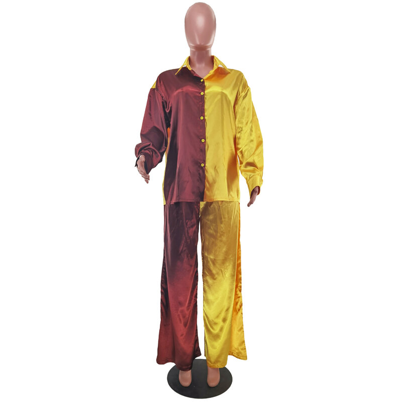 Casaul Women kolorowy Patchwork dwuczęściowy zestaw koszula + długi, szeroki spodnie Streetwear pasujący zestaw ubrań dla kobiet strój