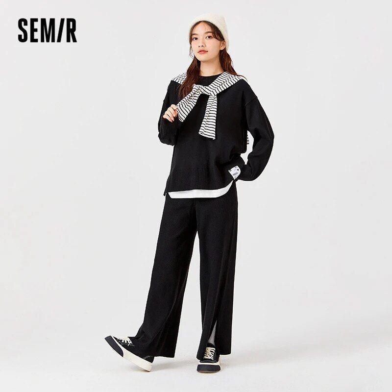 Semir-Conjunto de dos piezas para mujer, traje de punto con cuello redondo falso, pantalones de chándal holgados y perezosos, novedad de invierno, 2022