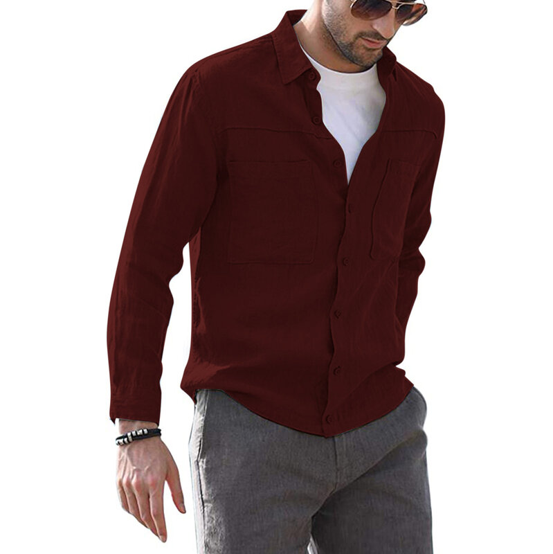 Shirt Casual Sleeve Men's Pocket Fashion Color Long Top Lapel Solid Men Shirts Dry Pack