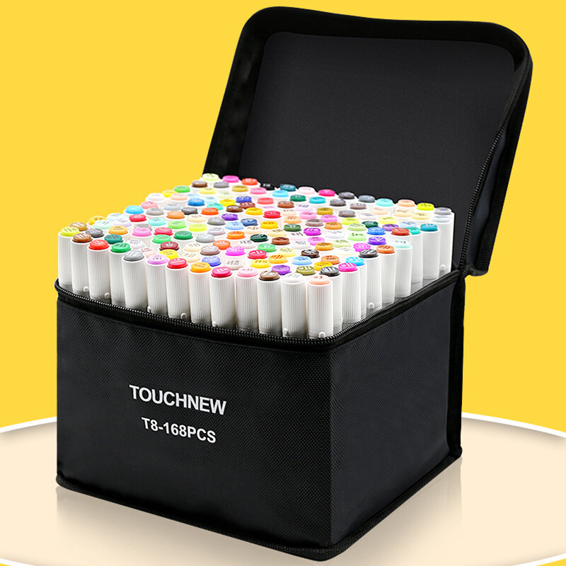 Touchnew-Juego de rotuladores de dibujo de 168 colores, marcadores dobles de fieltro de Alcohol para bocetos, suministros de Arte de diseño de pintura de animación escolar