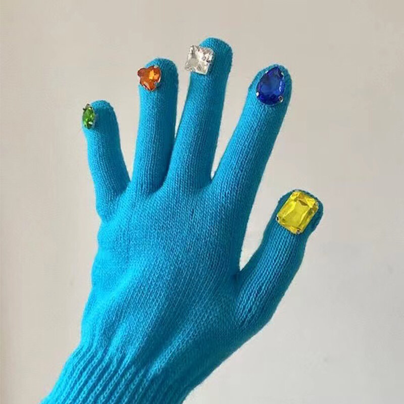 Guantes de lana de punto de Color puro para mujer, guantes gruesos y cálidos de invierno con diamantes para estudiante, pareja de dedos divididos