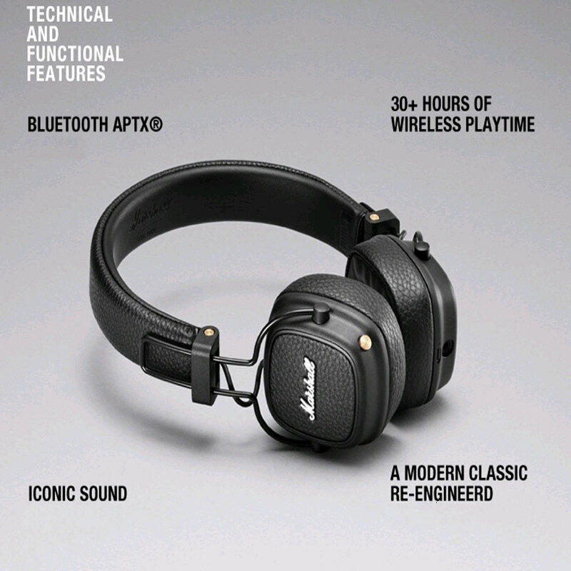 마샬 메이저 III 블루투스 무선 헤드셋 소음 감소 헤드셋 마이크가있는 딥베이스 접이식 스포츠 게임 헤드셋