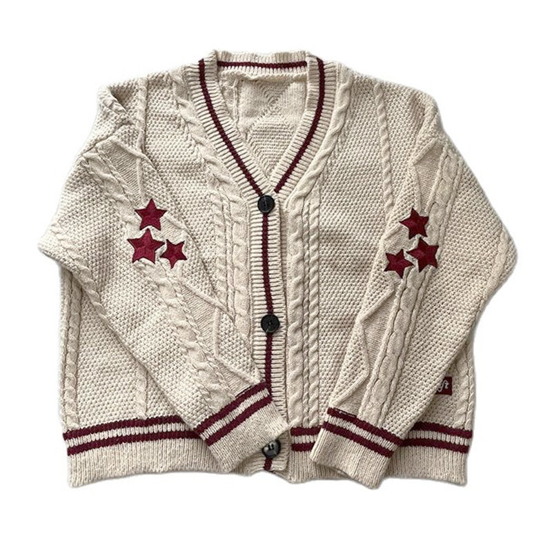 Autumn Women Star Embroidered Cardigan Fashion Beige Tay Knitted Cardigan Sweater Ladies Casual Single Breasted Vintage Sweater