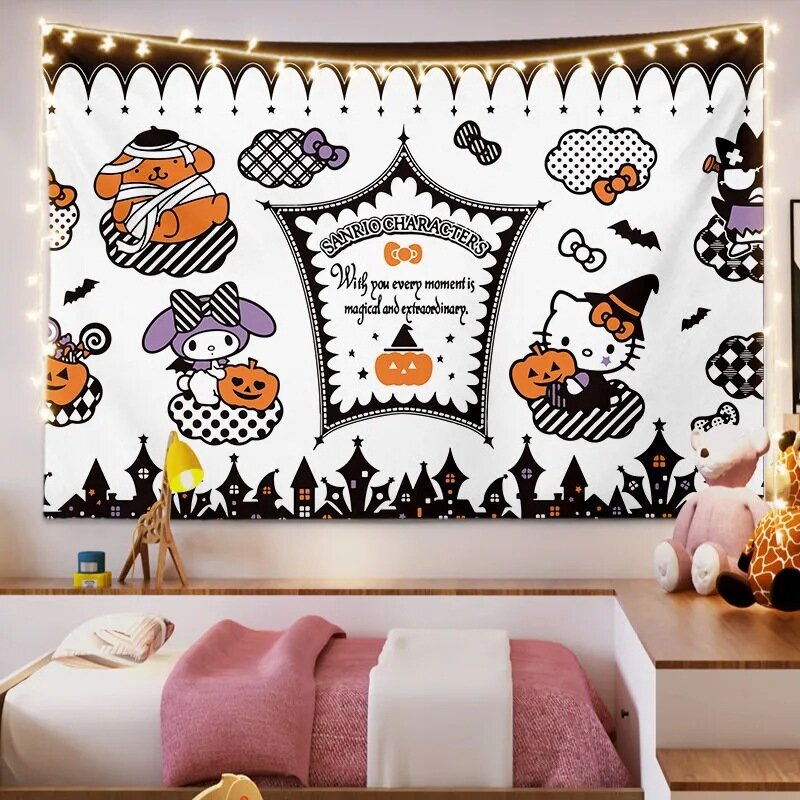 Tapiz Kawaii Sanrio Hello Kitty My Melody Cinnamoroll Kuromi, revestimiento de pared textil bonito, decoración para sala de estar