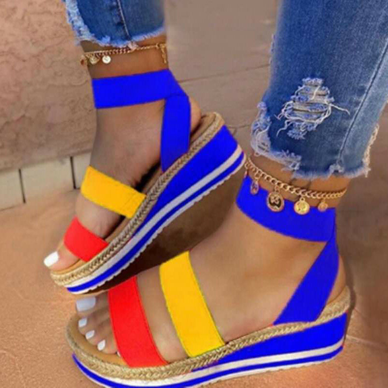 Sandalias con plataforma multicolor para mujer, zapatos informales de tacón con cuñas de arcoíris, para playa, talla grande 43, venta al por mayor
