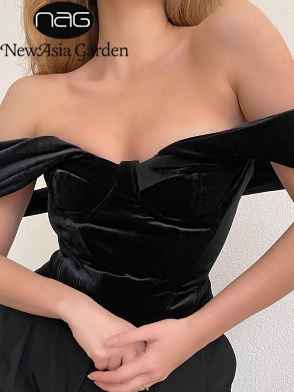 NewAsia Velour Blouses Women Backless Sexy off Shoulder Top Lining Stretchable Boned Zipper Fashion Elegant Party Club Outfits