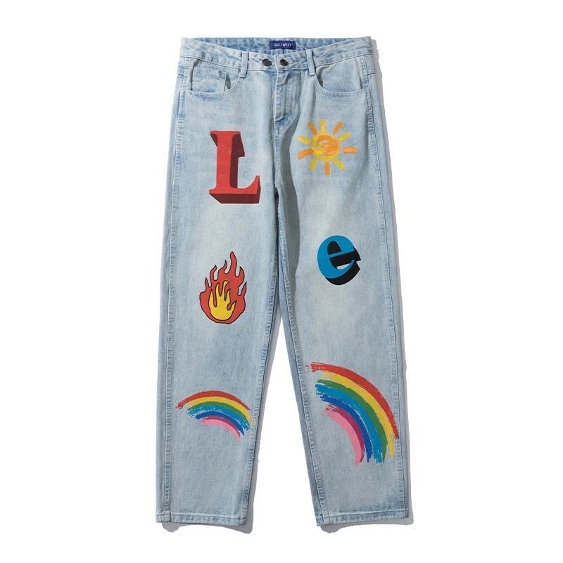 2022 calças de brim arco-íris graffiti impressão lavado calças de brim marca de maré larga-perna reta solta all-match calças de rua hip-hop
