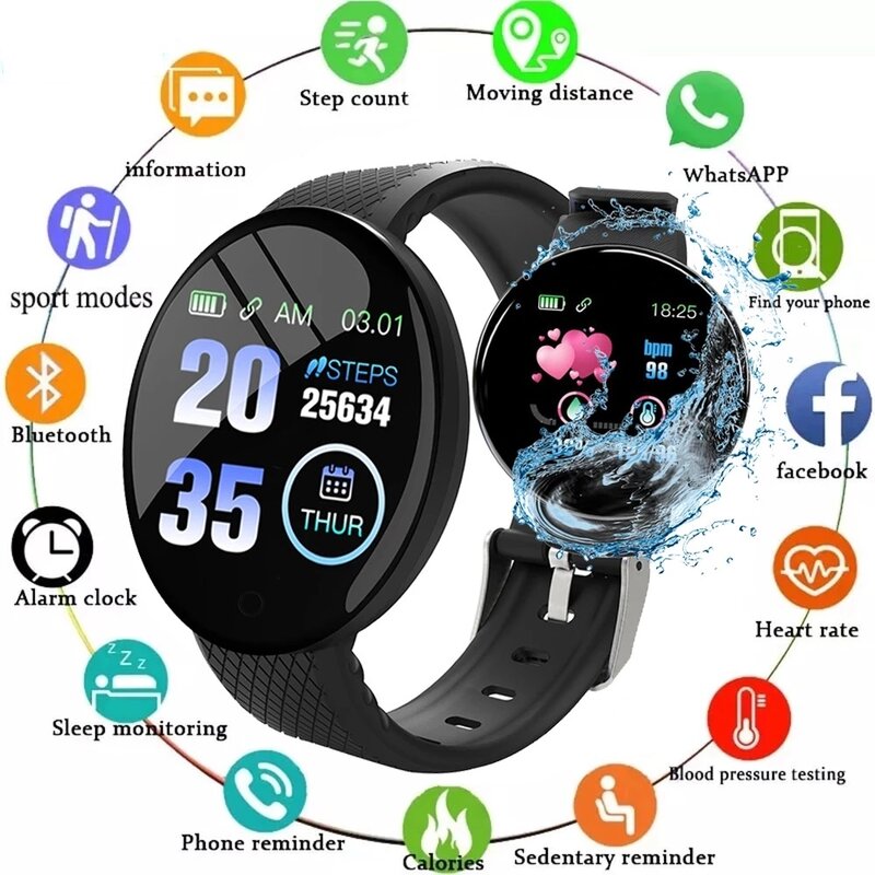 D18 esporte fitness relógio inteligente com chamada lembrete de vibração mensagem push freqüência cardíaca monitoramento de pressão arterial wearable relógio de pulso