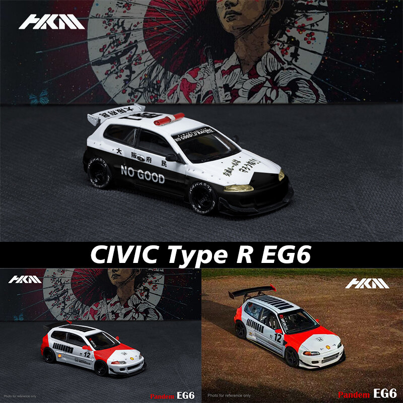 HKM-Rocket Bunny CIVIC Type R EG6, modelo de coche Diorama de aleación roja y blanca, policía japonesa, colección de coches en miniatura, 1:64