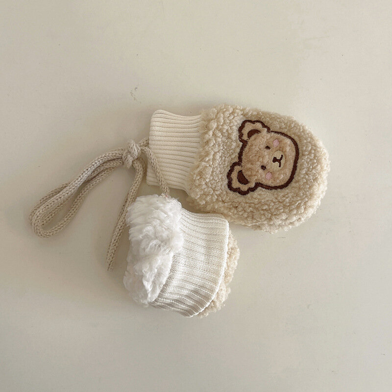 Gants chauds de bébé ours de dessin animé pour fille et garçon, équipement épais de plein air en peluche pour les doigts de bébé de 1 à 4 ans