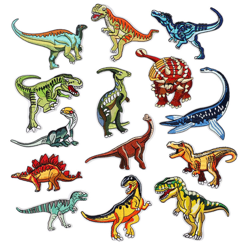 14 pçs dos desenhos animados dinossauro ferro remendo bordado pano para roupas emblema para engomar diy decoração do t-camisa costura remendo