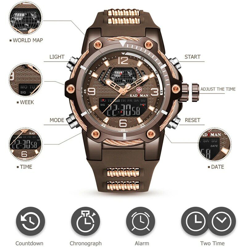 Mens Watches LED Dual Display Alarm Calendar Stopwatch Multifunctional Waterproof Sports Watch for Men Male Students K9055G