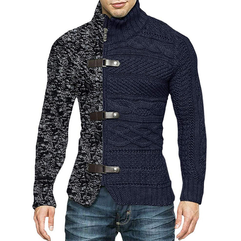 2022 Baru Musim Gugur dan Musim Dingin Pria Mode Warna-blocking Kerah Tegak Rajutan Kardigan Lengan Panjang Ritsleting Sweater Jaket