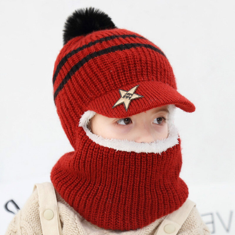子供のための厚くて編まれたアクリルの冬の帽子,屋外の暖かいバラクラバの帽子,男の子と女の子のためのよだれかけマスク,ヘアボール帽子