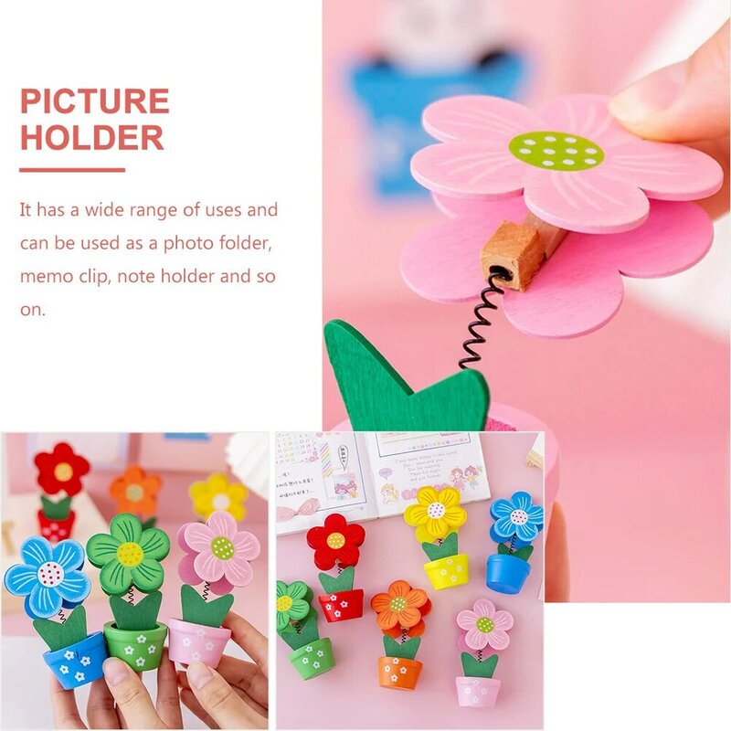 6pcs Office Memo Clips Wooden Photo Fixing Clamps Flower Pot Shaped Note Holders