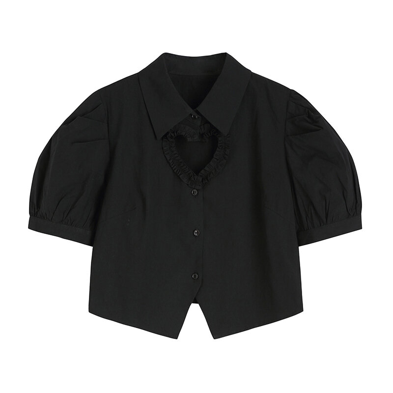 Love Hollow Short Sleeve Black Shirt Women's Summer New Design Office Style Short Top Puff Sleeve White Blouse Female Plain Tops