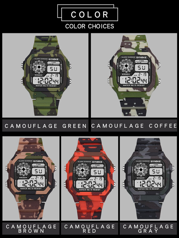 Synoke esportes militar relógio masculino à prova dwaterproof água relógios digitais quadrado colorido luminoso relógio de pulso eletrônico masculino reloj de hombre