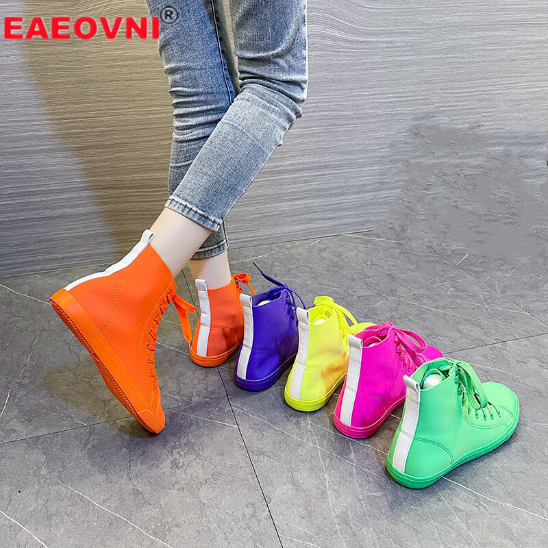 Frühling Frauen Weiche Leder High Top Sneakers Mode Fünf Farben Outdoor Freizeit Dicke Sohle Bequeme Vulkanisierte Schuhe