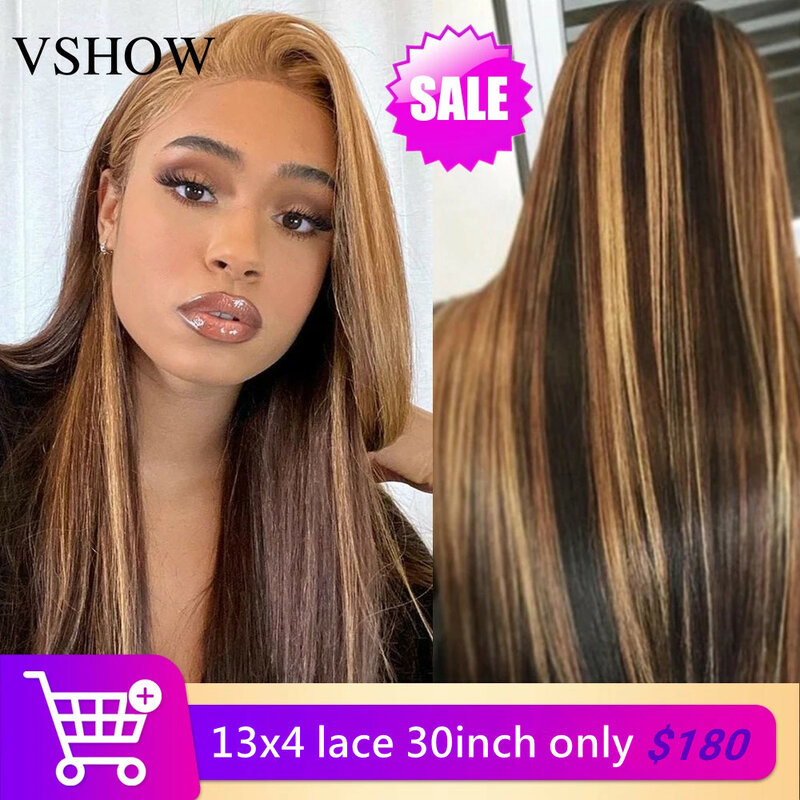 VSHOW – perruque Lace Frontal Wig brésilienne naturelle, cheveux lisses, blond miel ombré, 13x4, 4x4, à reflets 4/27