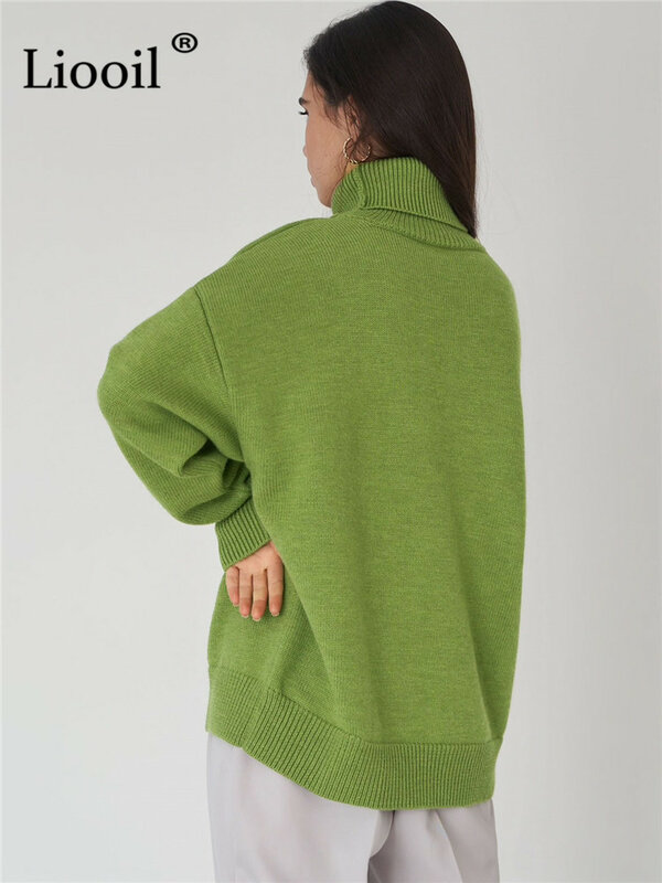 Liooil Knit Turtleneck Sweater Women Pullovers Long Sleeve Knitting Tops Female Jumper Autumn Winter Streetwear Baggy Sweaters
