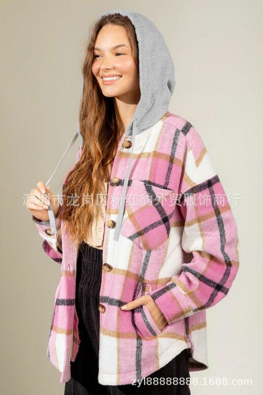 2022 autumn and winter new women's clothing fashion hooded plaid shirt woolen coat casual streetwear warm top