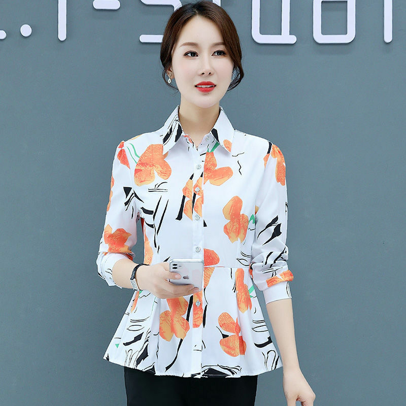 Kemeja Wanita Sifon Modis Korea Musim Gugur Kemeja Wanita Berkancing Blus Lengan Panjang Wanita Biru Camisas Mujer