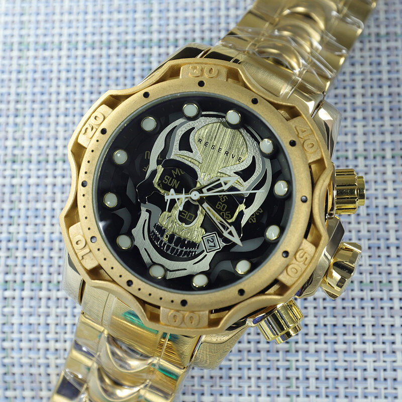 Undefeated Skeleton Skull ขนาดใหญ่นาฬิกาข้อมือสำหรับผู้ชายหรูหราทองนาฬิกา Invicto Reloj De Hombre นาฬิกา Relogio Masculino