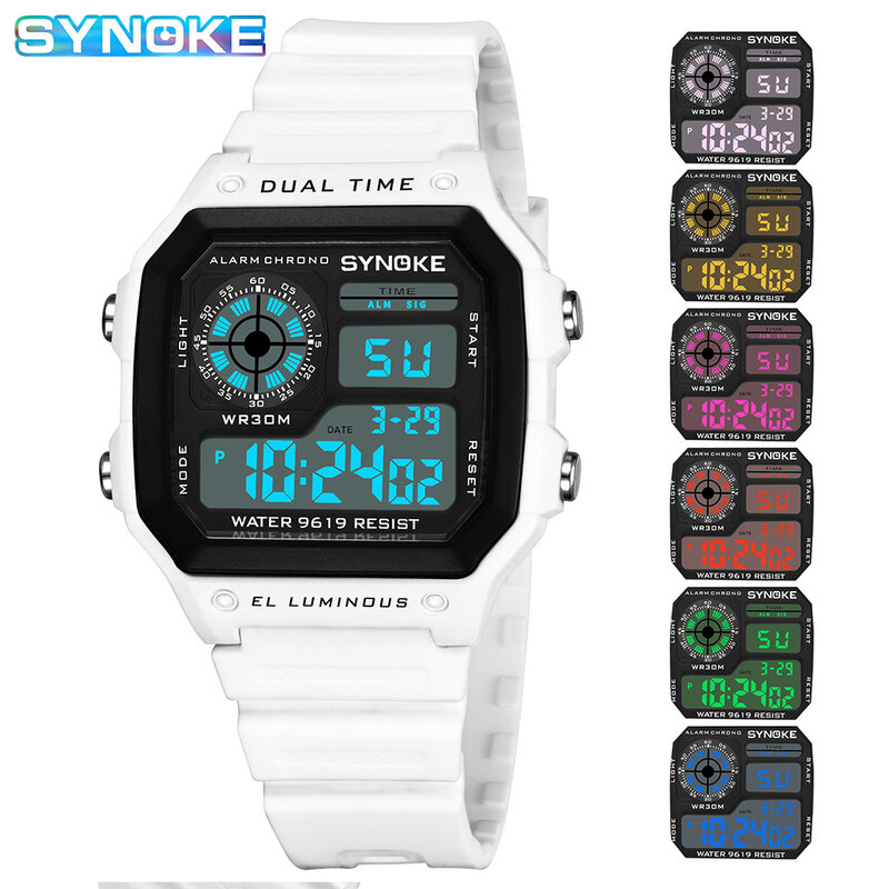 Часы наручные SYNOKE мужские электронные, спортивные цифровые цветные светящиеся квадратные в стиле милитари, водонепроницаемые