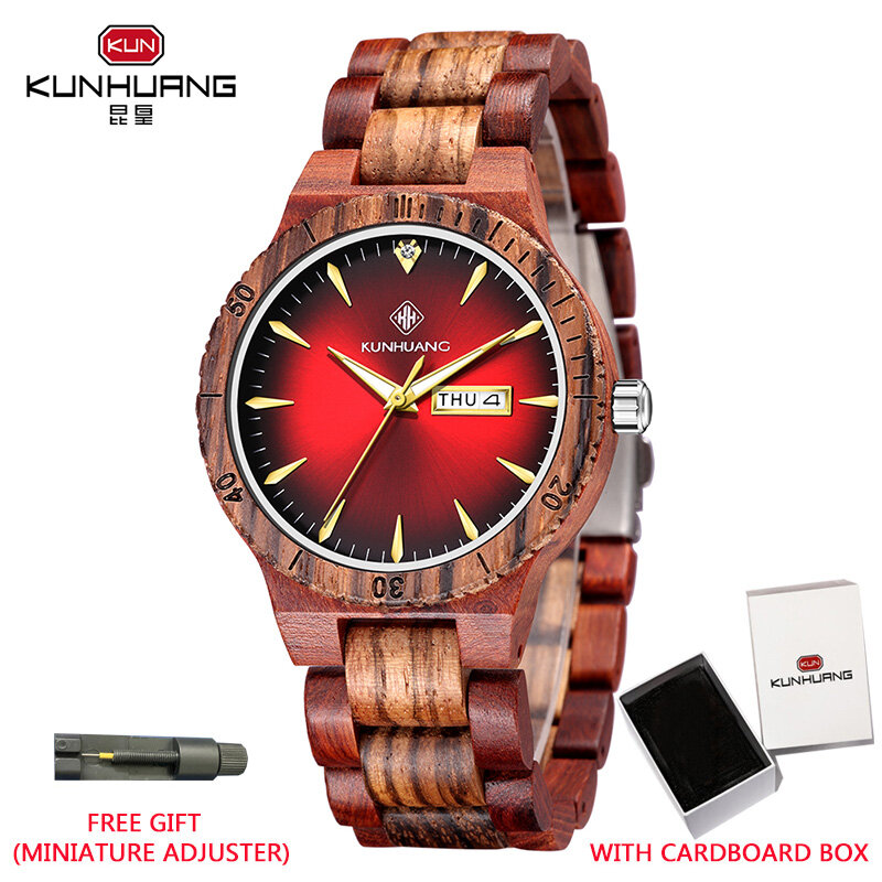 KUNHUANG-Reloj de madera Natural para hombre, cronógrafo de lujo con puntero luminoso, doble Calendario, multifuncional, de cuarzo, con caja de regalo