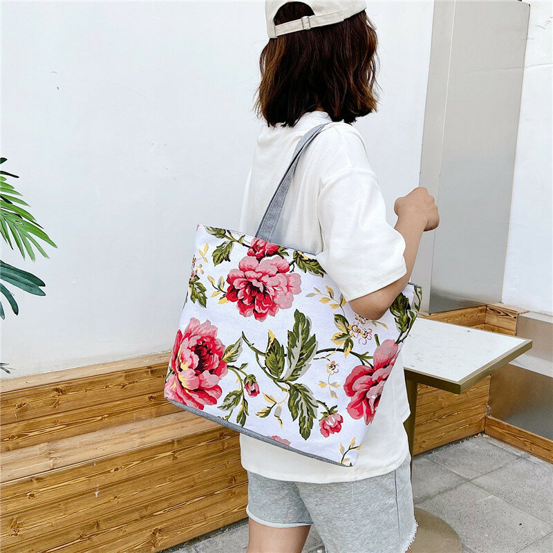 جديد حقيبة قماش قنب عادية سعة كبيرة الأزهار المطبوعة حقيبة يد الإناث حمل حقائب للنساء الفن طالب التسوق صندوق مربع