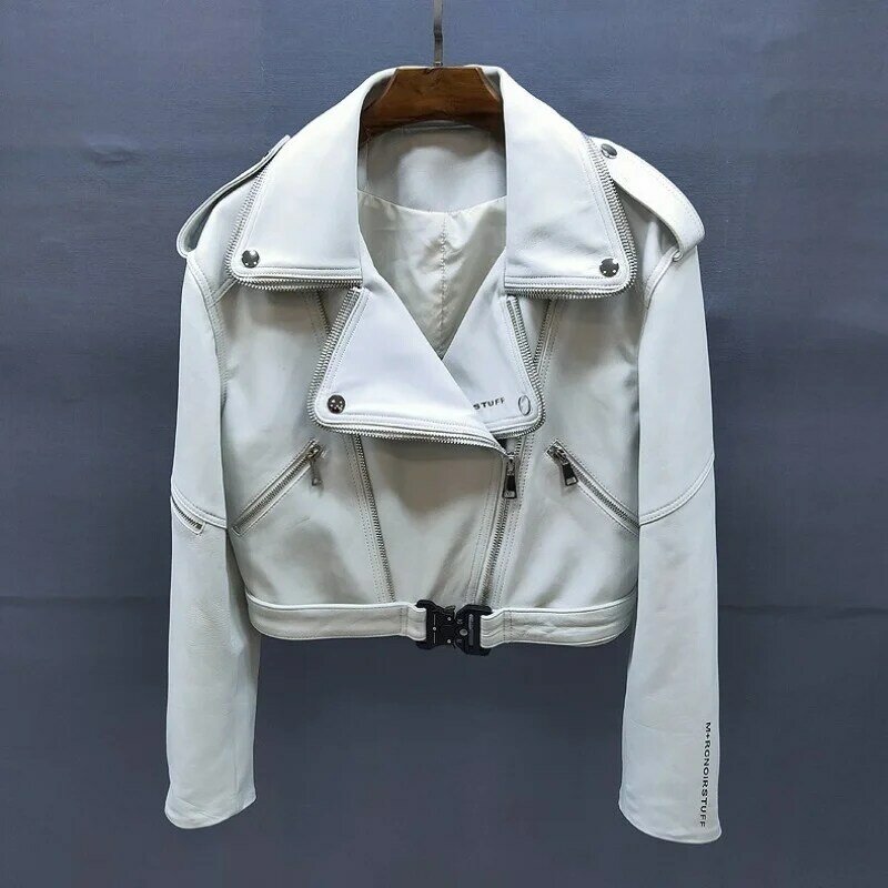 Женские кожаные куртки, короткая куртка с дизайном свитера на весну и осень, приталенный крой, из натуральной овечьей кожи, для мотоцикла
