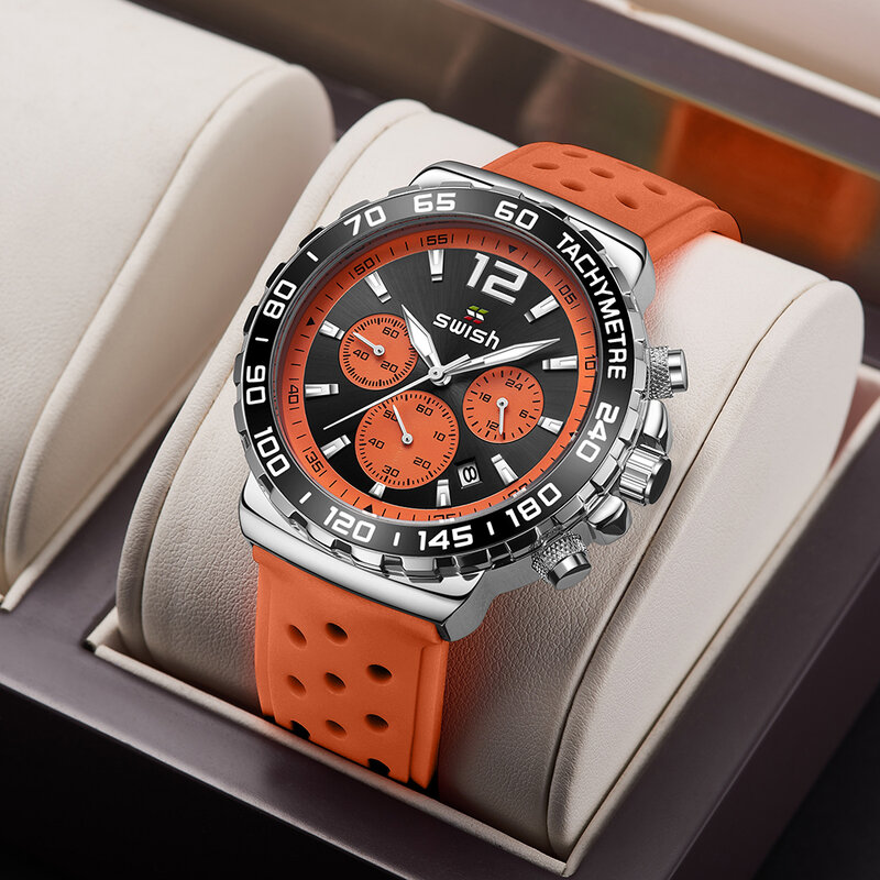SWISH Luxury Brand Chronograph Sports Watch Men's Quartz Watch Waterproof Rubber Strap Military Clock Montre Homme