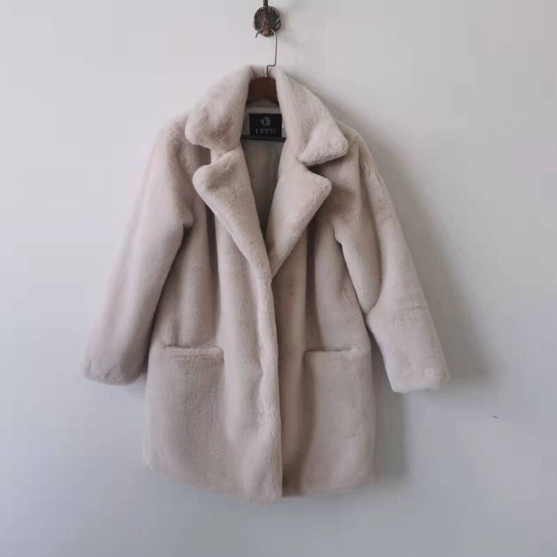 Abrigo grueso de piel sintética para mujer, abrigo largo medio con cuello vuelto, cálido para invierno, novedad de 2022