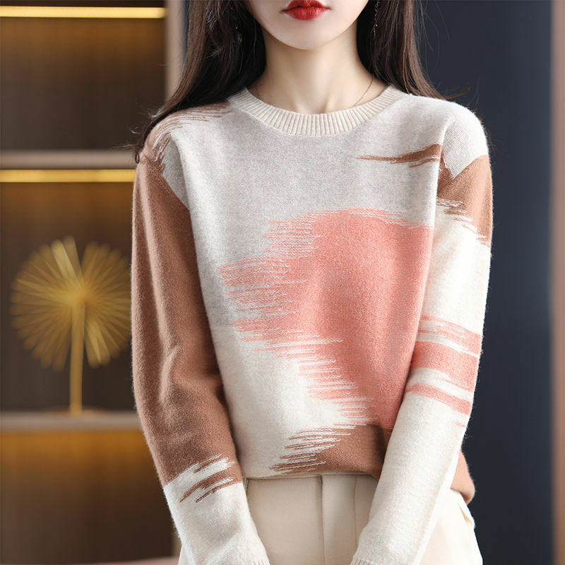 Sweter Kerah Bundar Diblokir Warna Wanita Longgar 2022 Musim Semi Lengan Panjang Atasan Baru Biru Korea Sweter Bottomed Pullover