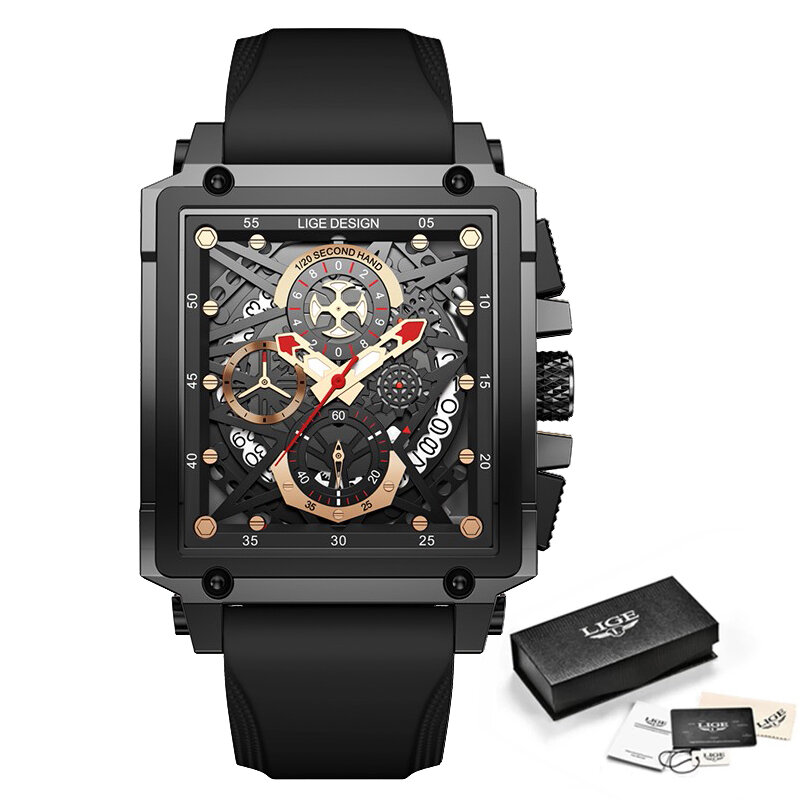 LIGE – montre de Sport décontractée pour hommes, marque de luxe, militaire, en Silicone, horloge rectangulaire, chronographe