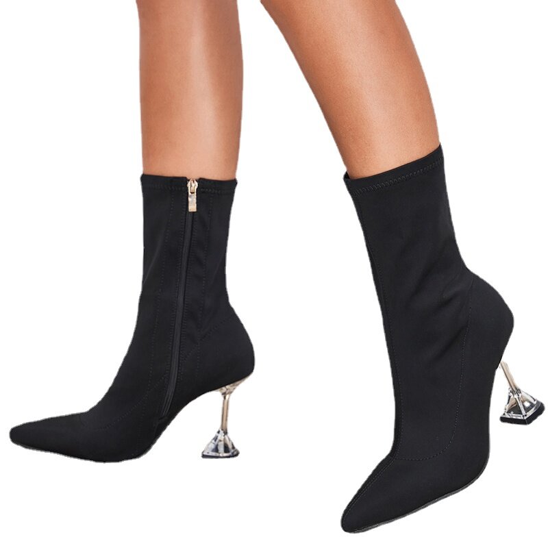 Botas de tejido elástico para mujer, zapatos negros elegantes, botines elásticos de punto con punta estrecha para adelgazar para todas las estaciones