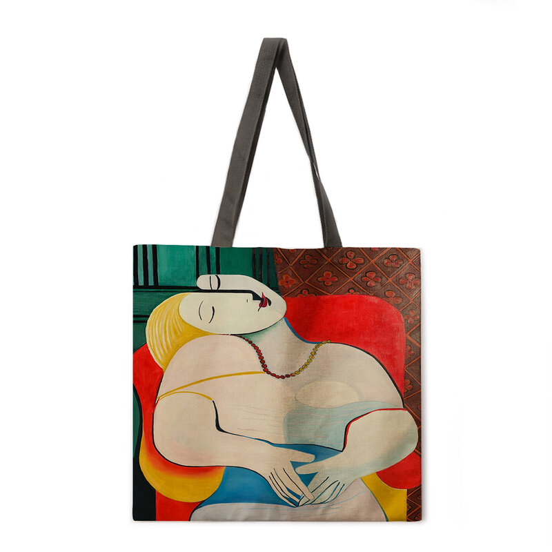 Borsa da spiaggia da donna classica con pittura a olio borsa a tracolla pieghevole borsa per la spesa borsa stampata in lino Casual Tote riutilizzabile